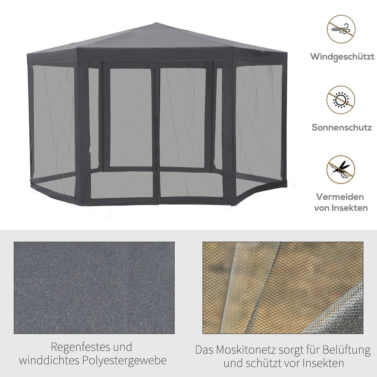 Pavilion Garden Pavilion With Mosquito Net Party Tent Garden Tent Marquee Tent Hexagonal Polyester + Metal Gray 394X341.2X250Cm