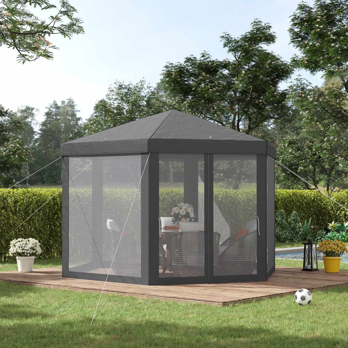Pavilion Garden Pavilion With Mosquito Net Party Tent Garden Tent Marquee Tent Hexagonal Polyester + Metal Gray 394X341.2X250Cm