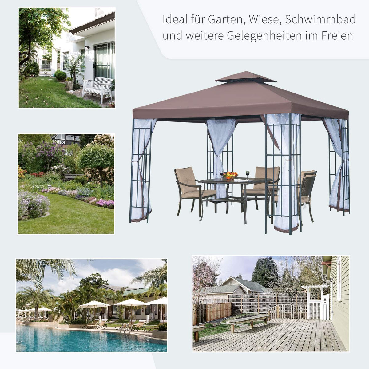 Pavilion Garden Pavilion With Mosquito Nets Side Walls, Party Tent With Double Roof, Garden Tent Marquee 2.97X2.97M