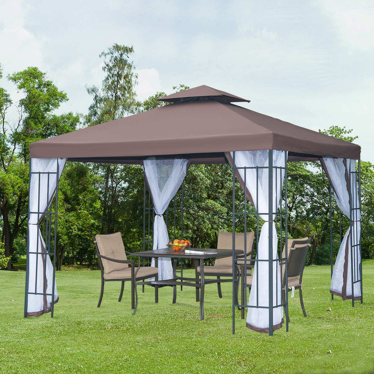Pavilion Garden Pavilion With Mosquito Nets Side Walls, Party Tent With Double Roof, Garden Tent Marquee 2.97X2.97M
