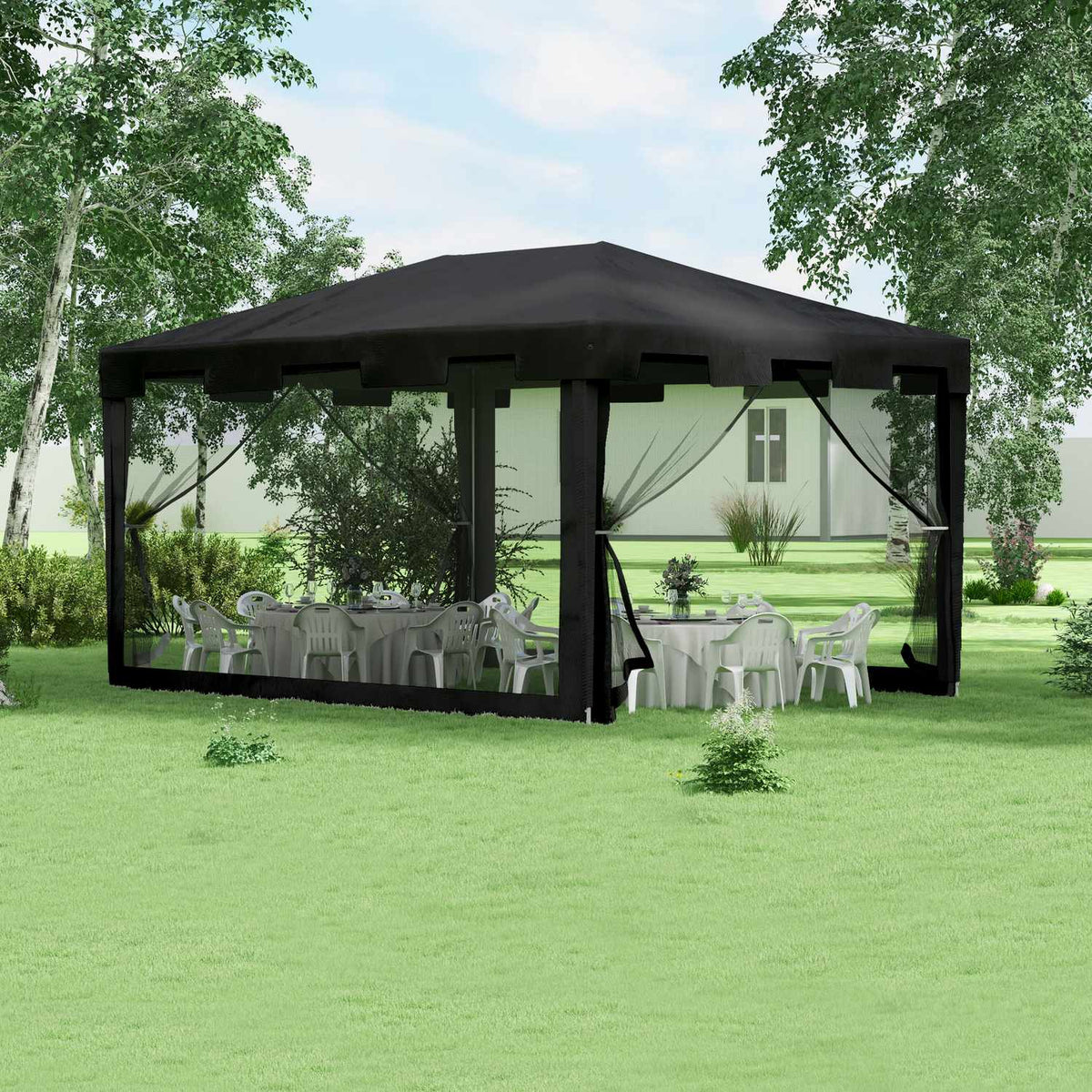Pavilion Party Tent Approx. 4 X 3 M Garden Pavilion Garden Tent Marquee With Mesh Side Walls For Balcony, Terrace, Metal Pe Dark Grey