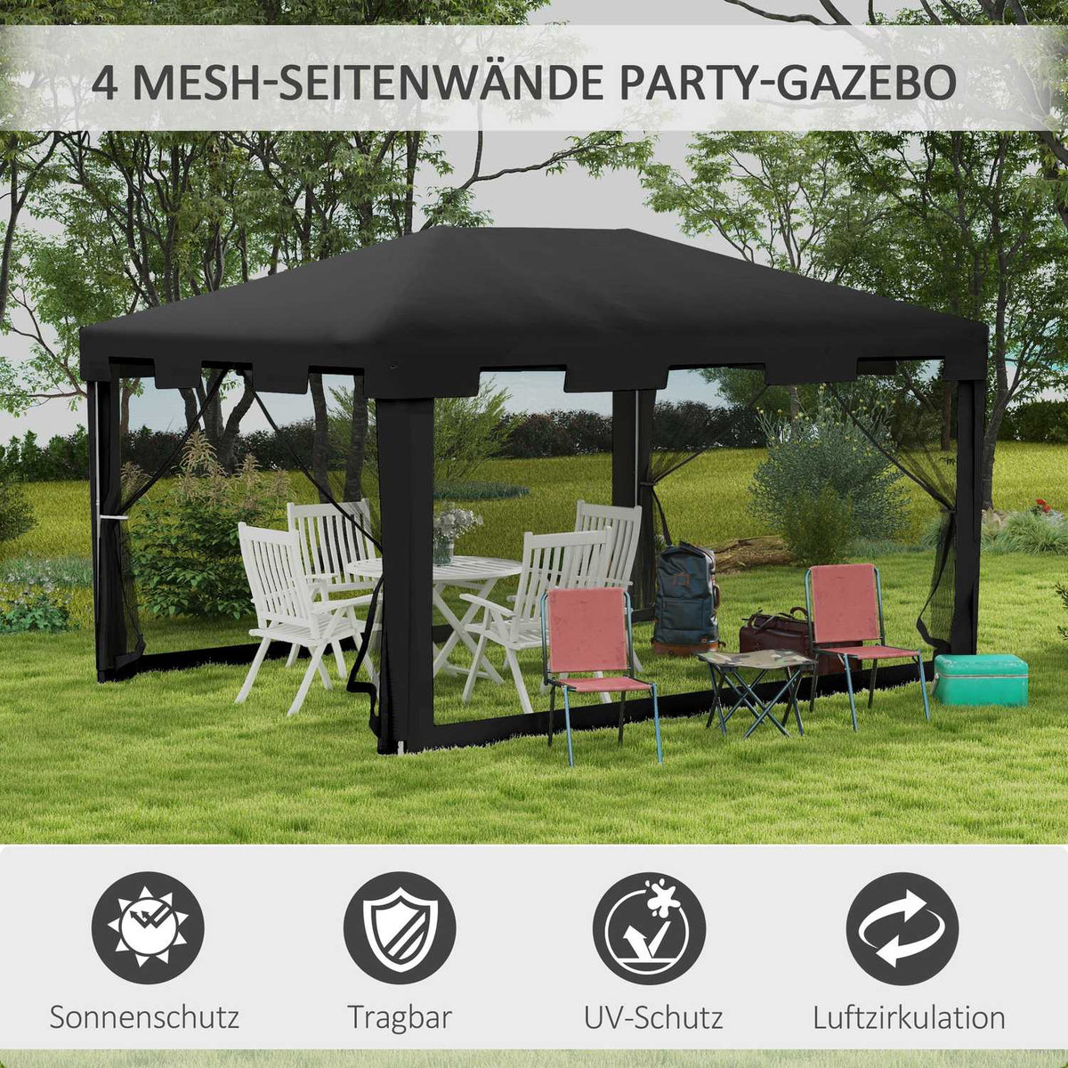 Pavilion Party Tent Approx. 4 X 3 M Garden Pavilion Garden Tent Marquee With Mesh Side Walls For Balcony, Terrace, Metal Pe Dark Grey