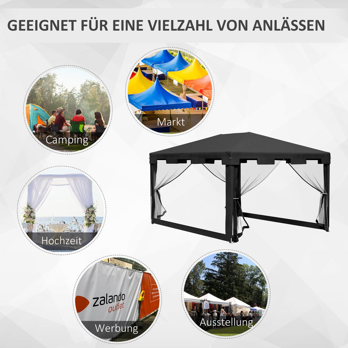 Pavilion Party Tent Approx. 4 X 3 M Garden Pavilion Garden Tent Marquee With Mesh Side Walls For Balcony, Terrace, Metal Pe Dark Grey