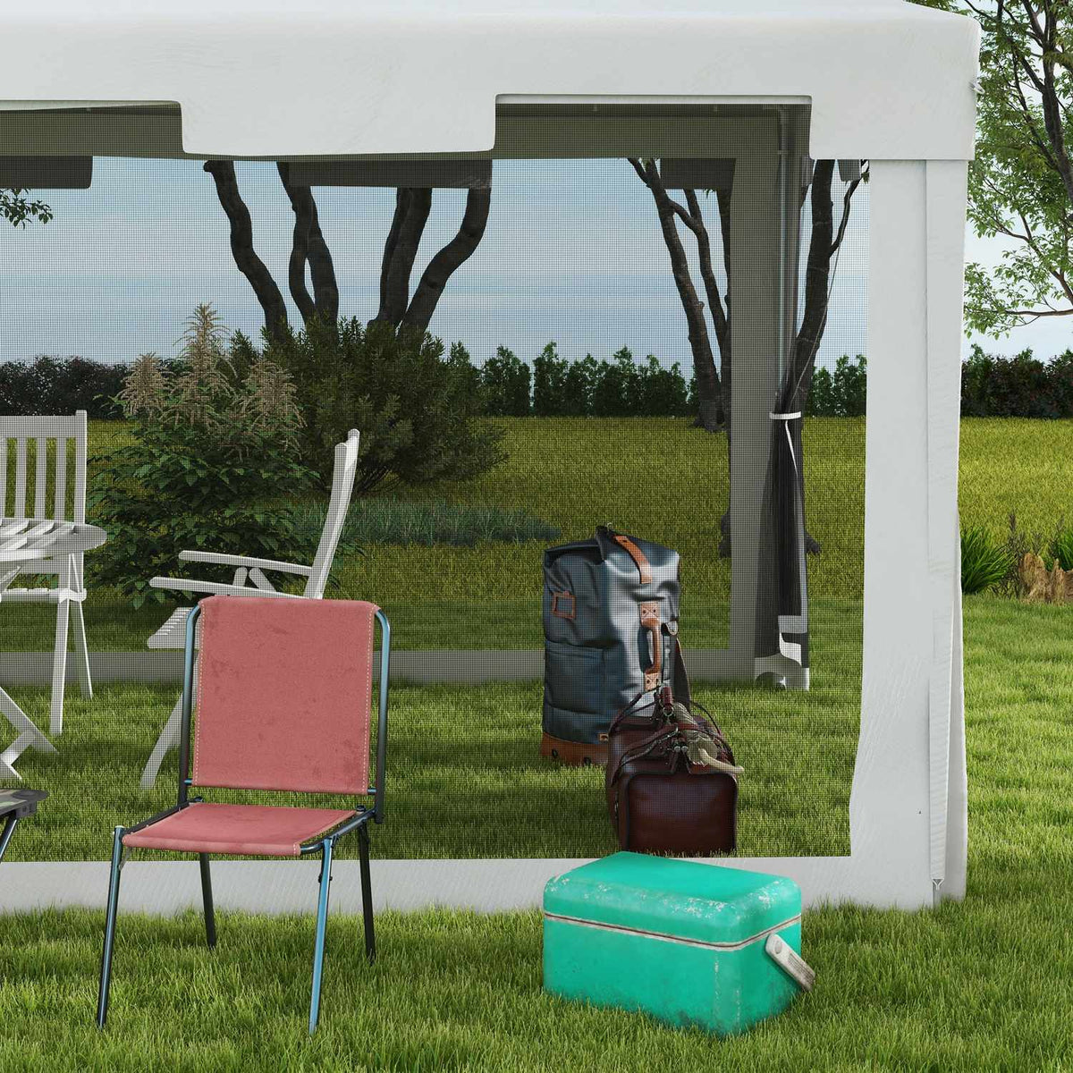 Pavilion Party Tent Approx. 4 X 3 M Garden Pavilion Garden Tent Marquee With Mesh Side Walls For Balcony, Terrace, Metal Pe White