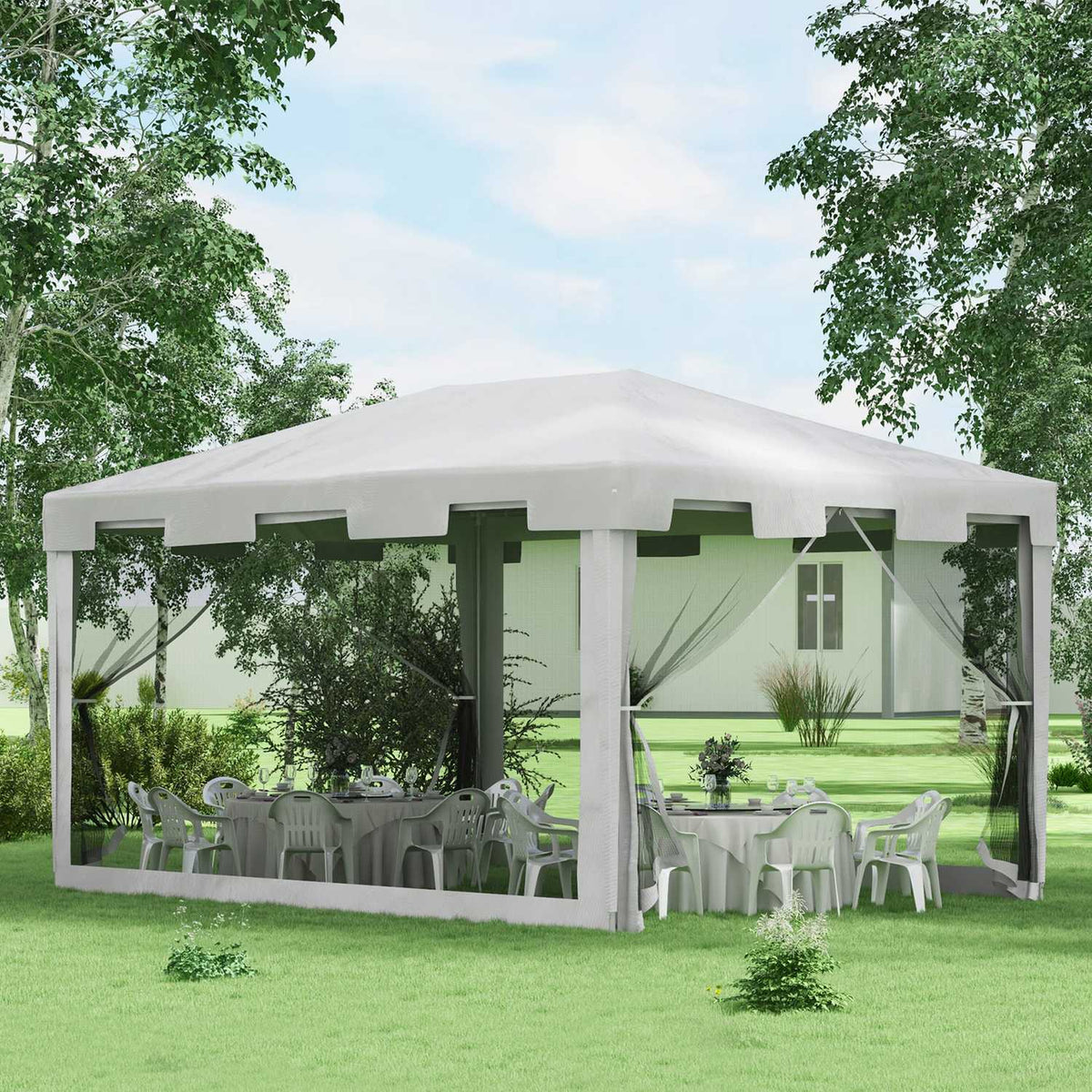 Pavilion Party Tent Approx. 4 X 3 M Garden Pavilion Garden Tent Marquee With Mesh Side Walls For Balcony, Terrace, Metal Pe White