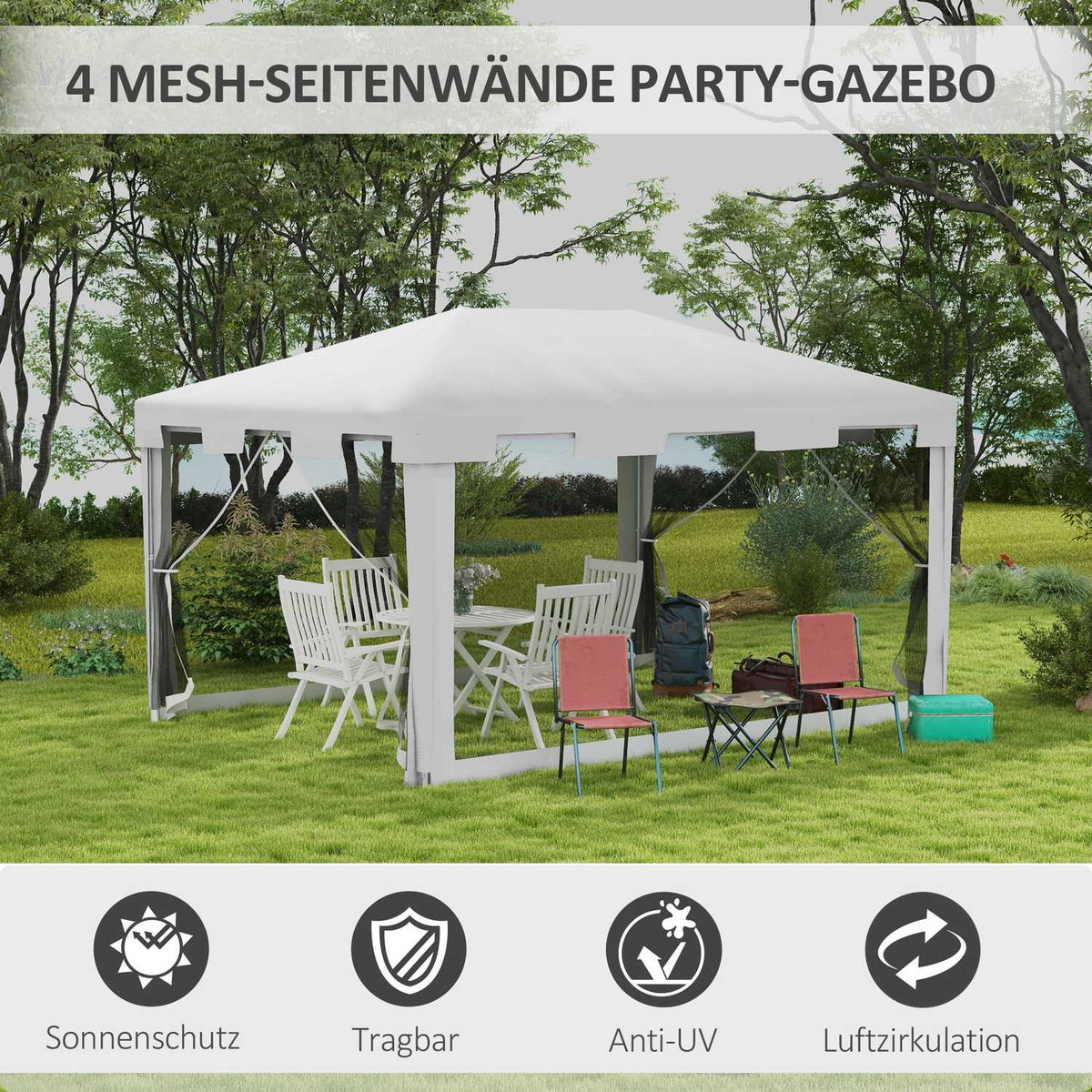 Pavilion Party Tent Approx. 4 X 3 M Garden Pavilion Garden Tent Marquee With Mesh Side Walls For Balcony, Terrace, Metal Pe White