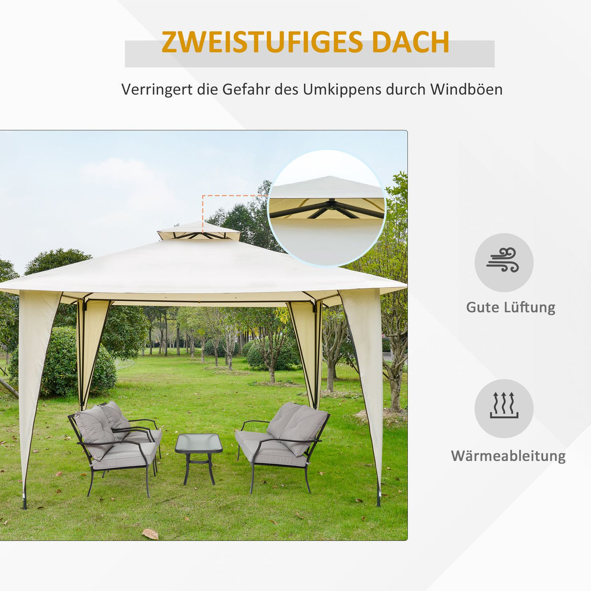 Pavilion Party Tent Double Roof 3.45X3.45X2.68M Metal Polyester Beige