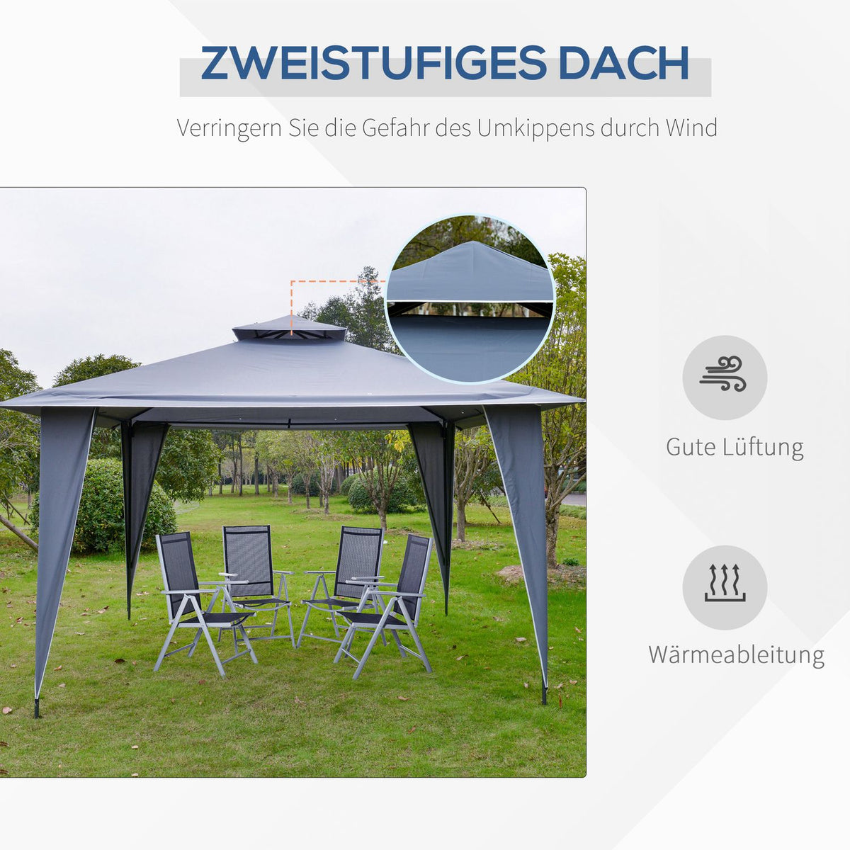 Pavilion Party Tent Double Roof 3.45X3.45X2.68M Metal Polyester Gray
