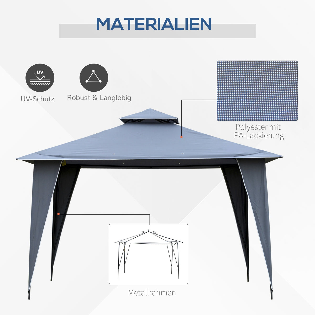 Pavilion Party Tent Double Roof 3.45X3.45X2.68M Metal Polyester Gray
