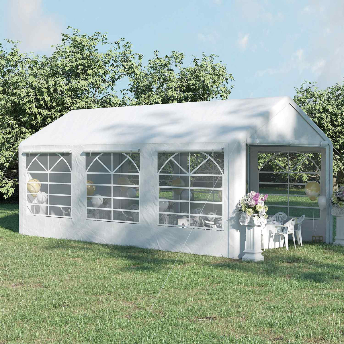 Pavilion Party Tent Garden Marquee Garden Pavilion With 4 Side Walls Window Polyester + Metal White 3X6M