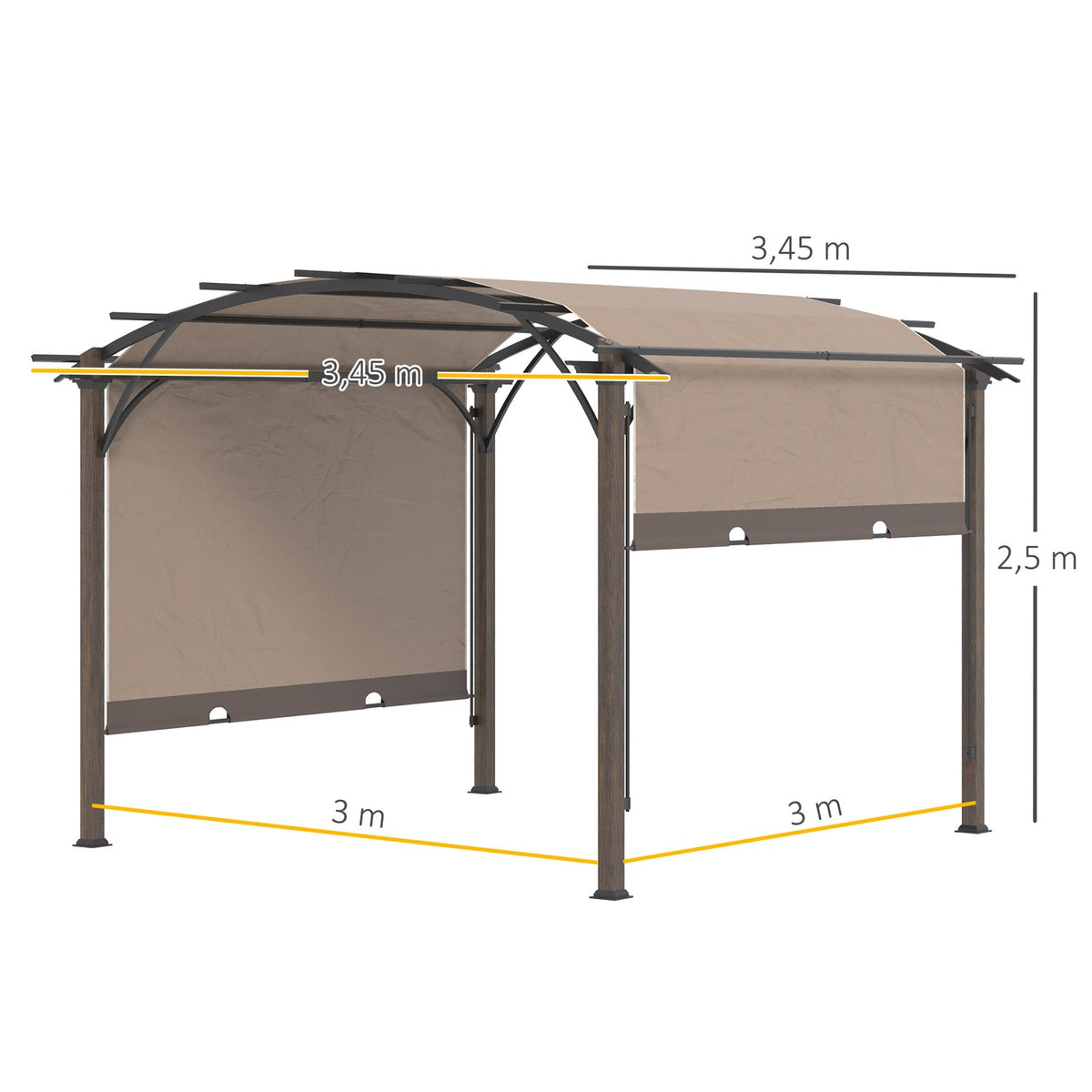 Pavilion Pergola 3.45X3.45M With Adjustable Fabric Roof, Uv+50 Canopy, Waterproof, Textline Steel, Coffee+Brown