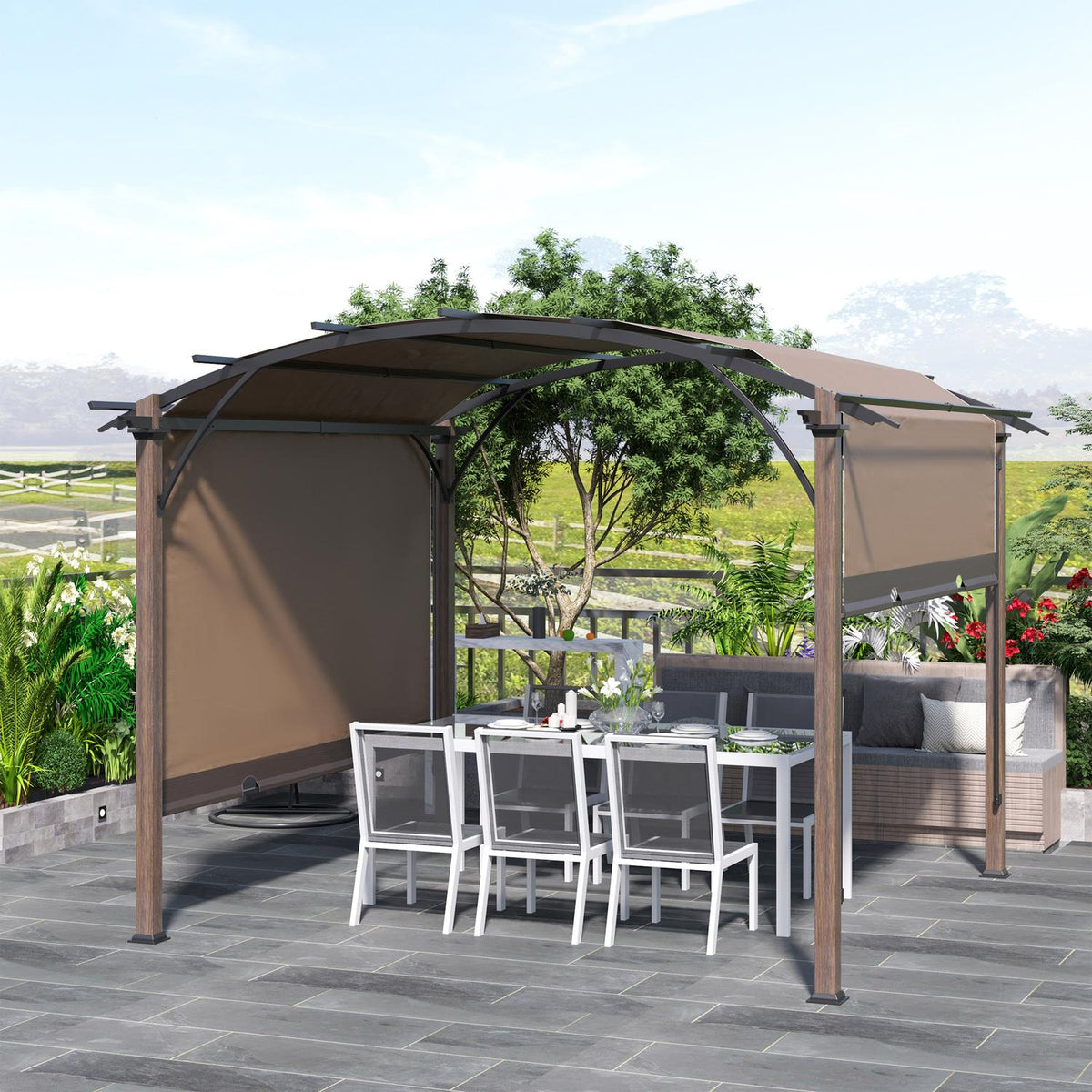 Pavilion Pergola 3.45X3.45M With Adjustable Fabric Roof, Uv+50 Canopy, Waterproof, Textline Steel, Coffee+Brown
