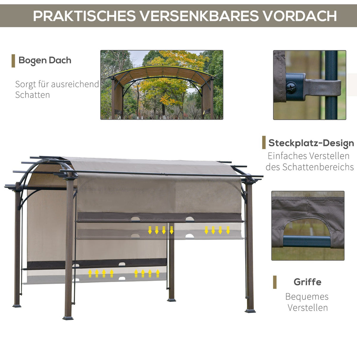Pavilion Pergola 3.45X3.45M With Adjustable Fabric Roof, Uv+50 Canopy, Waterproof, Textline Steel, Coffee+Brown