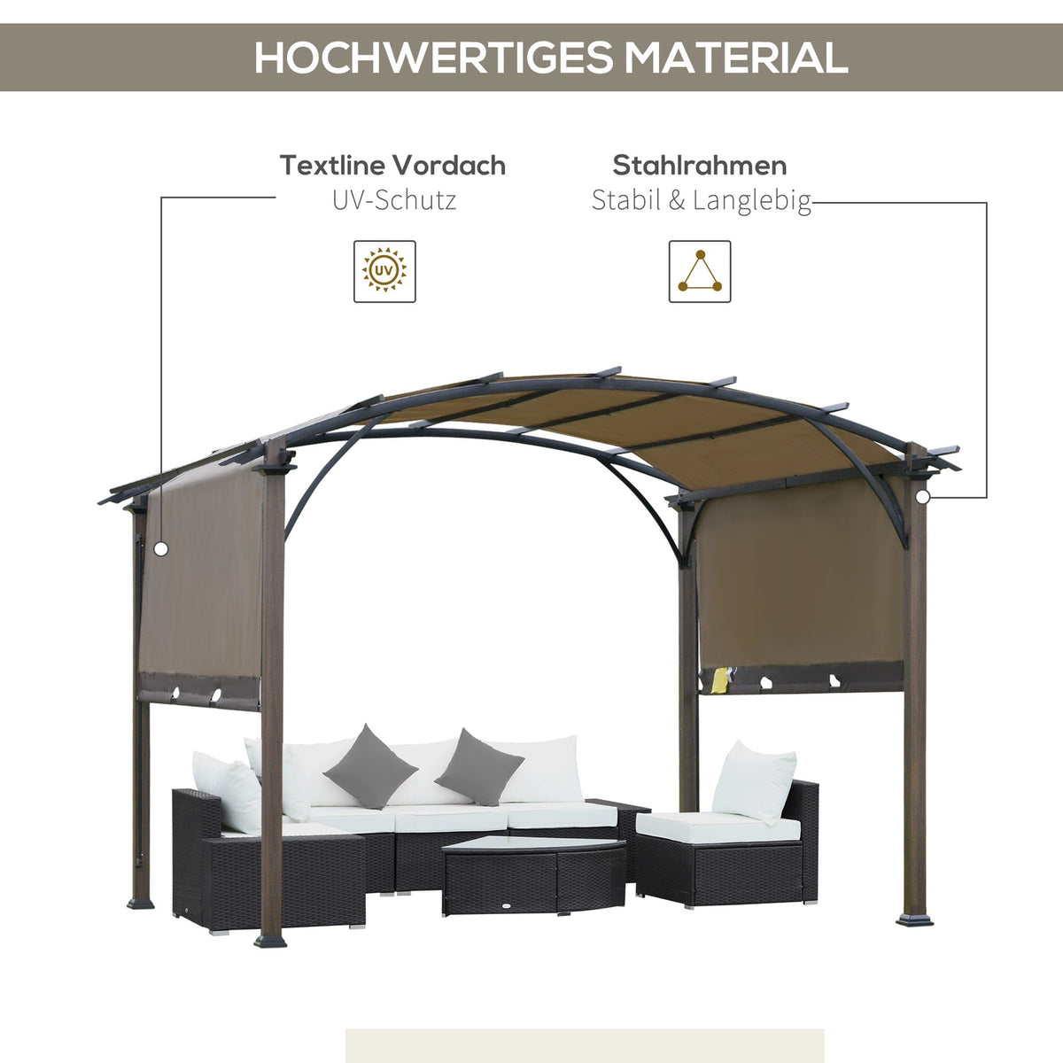 Pavilion Pergola 3.45X3.45M With Adjustable Fabric Roof, Uv+50 Canopy, Waterproof, Textline Steel, Coffee+Brown