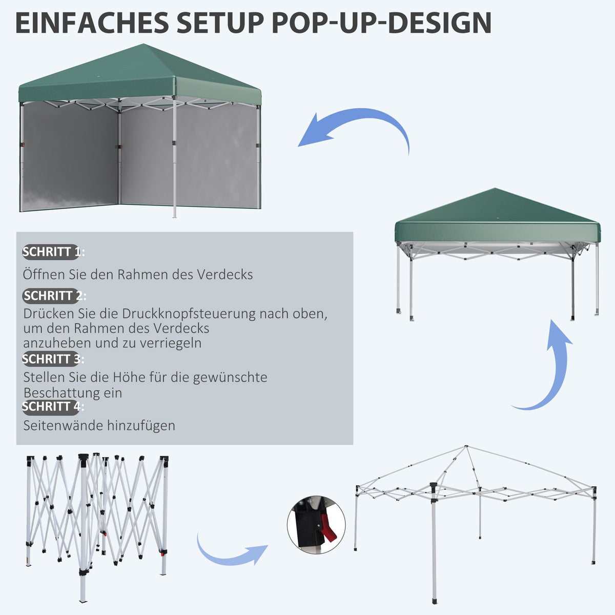 Pavilion approx. 3x3m, water-repellent, stable, winter-proof pop-up folding pavilion with 2 side walls, UV protection 30+, foldable party tent, garden tent with bag, garden pavilion for camping, garden, green