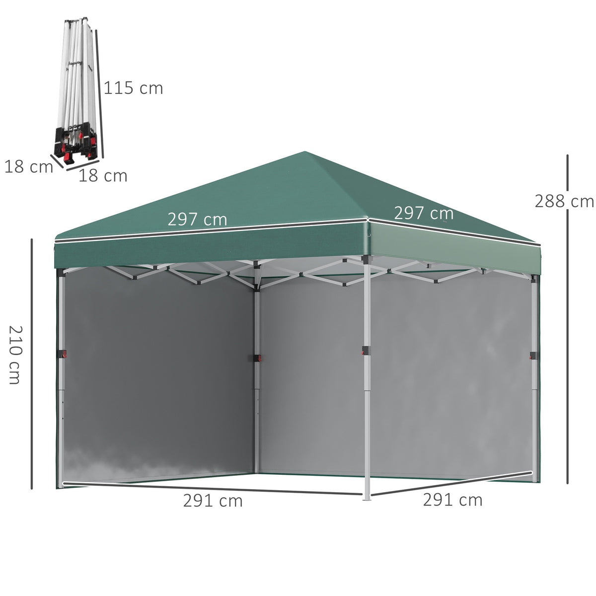 Pavilion approx. 3x3m, water-repellent, stable, winter-proof pop-up folding pavilion with 2 side walls, UV protection 30+, foldable party tent, garden tent with bag, garden pavilion for camping, garden, green
