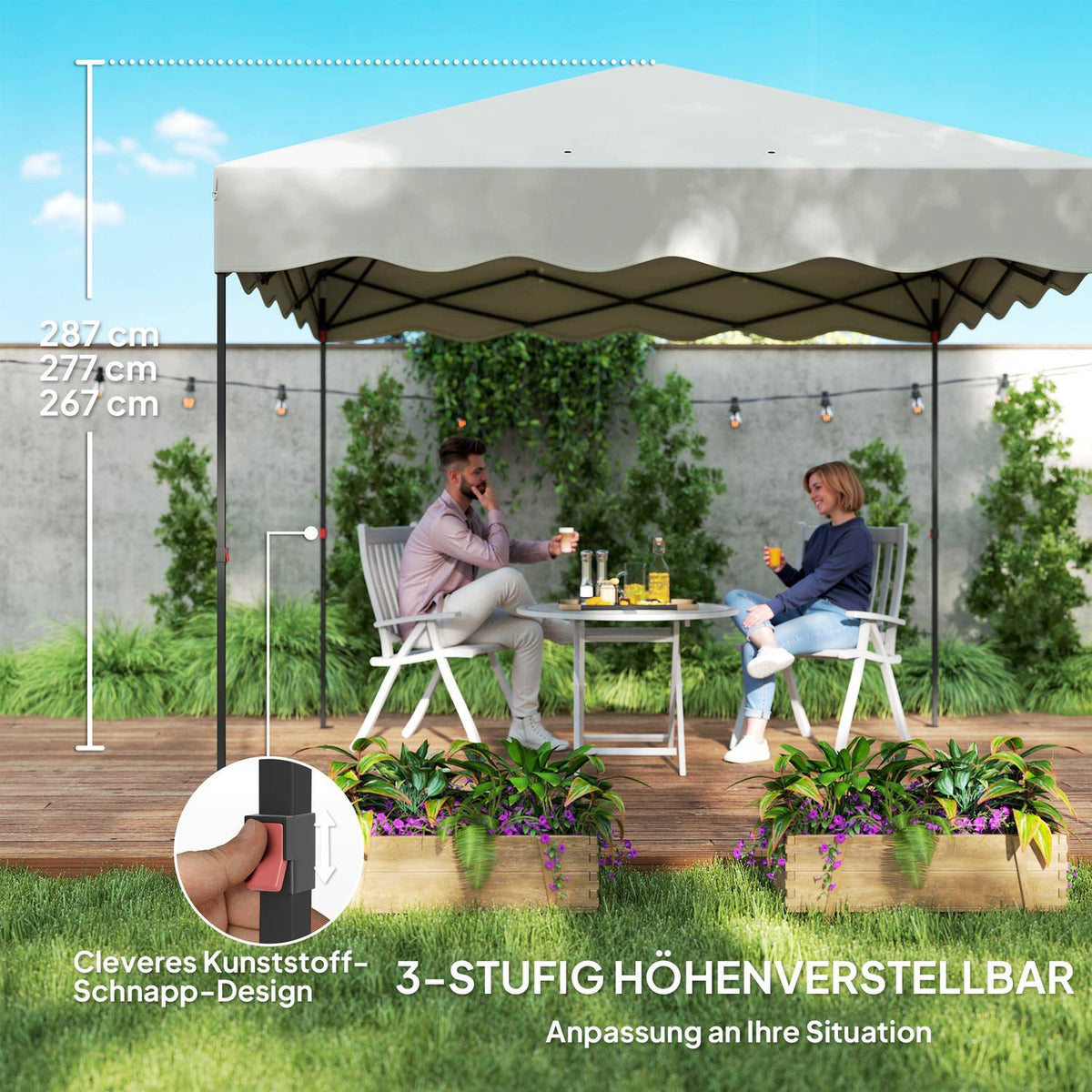 Pavilion approx. 3x3m, water-repellent, stable, winter-proof pop-up folding pavilion with UV protection 50+, foldable party tent, garden tent with roll-up bag, garden pavilion for camping, garden, cream white