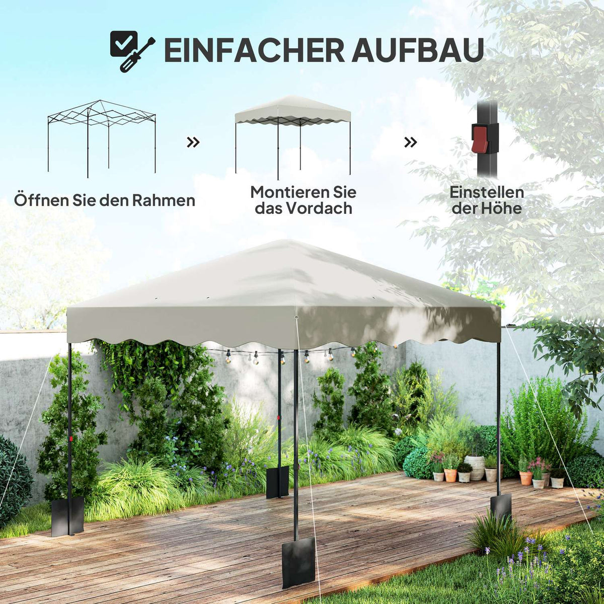 Pavilion approx. 3x3m, water-repellent, stable, winter-proof pop-up folding pavilion with UV protection 50+, foldable party tent, garden tent with roll-up bag, garden pavilion for camping, garden, cream white