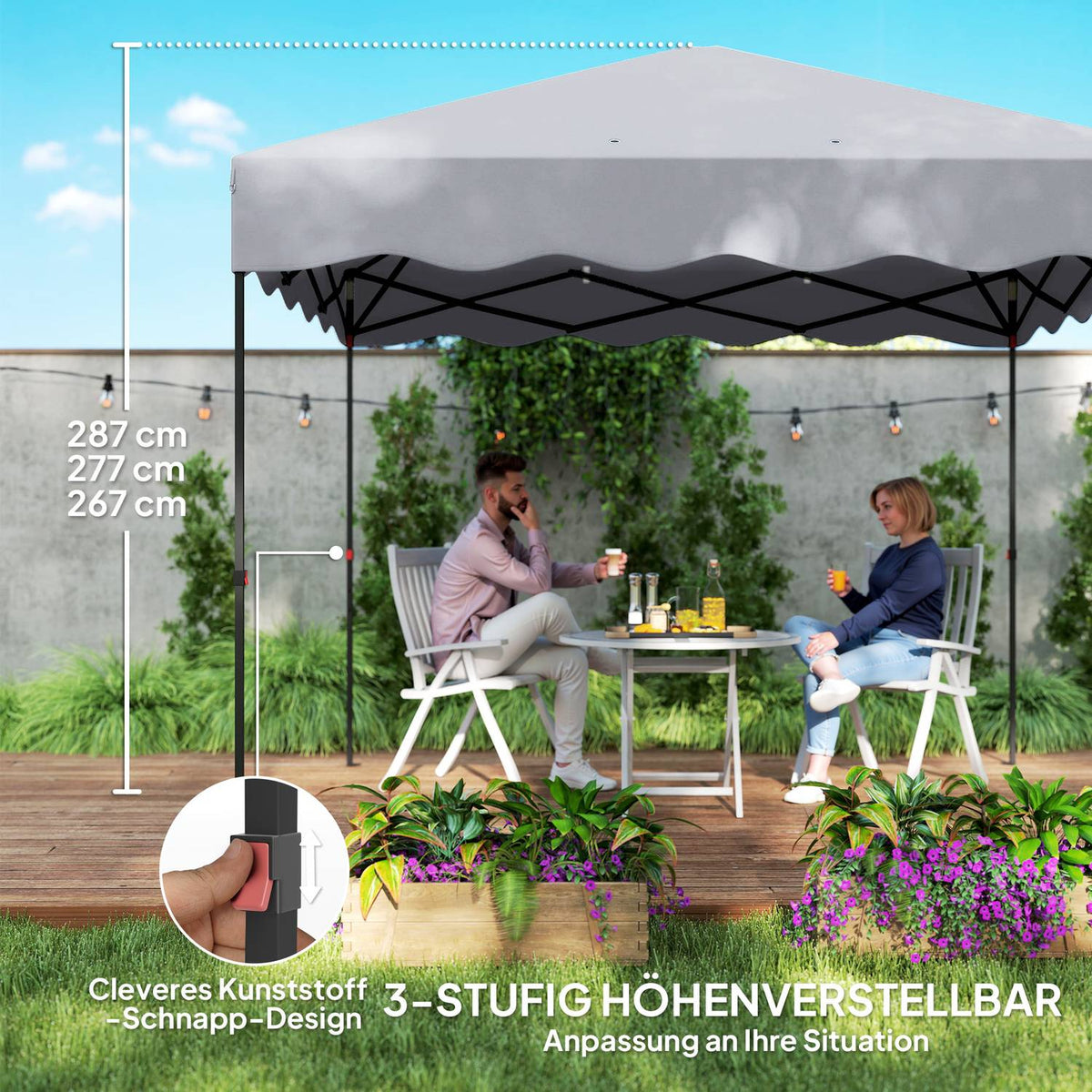 Pavilion approx. 3x3m, water-repellent, stable, winter-proof pop-up folding pavilion with UV protection 50+, foldable party tent, garden tent with roll-up bag, garden pavilion for camping, garden, light gray