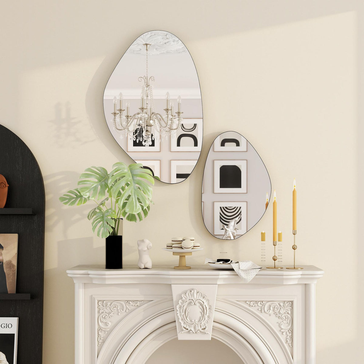 Pebble-Shaped Wall Mirror Set, Black Metal Frame