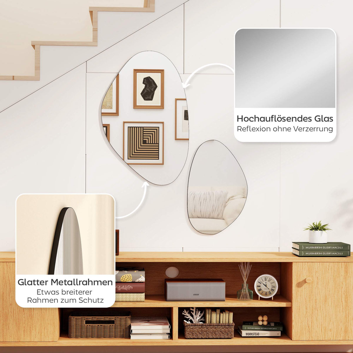 Pebble-Shaped Wall Mirror Set, Black Metal Frame