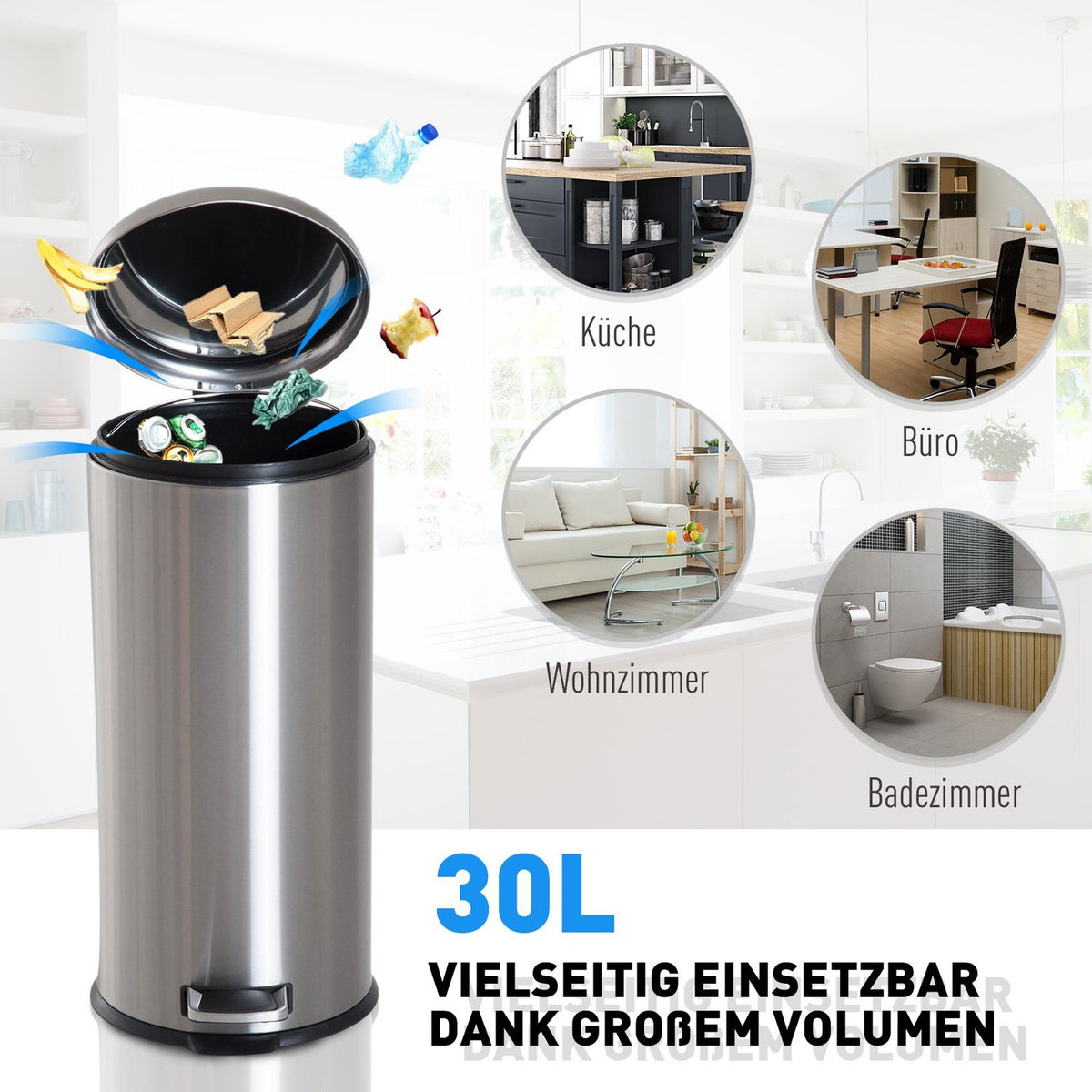 Pedal Bin 30L Pedal Bin With Inner Bin And Hinged Lid, Stainless Steel, Hygienic, Silver