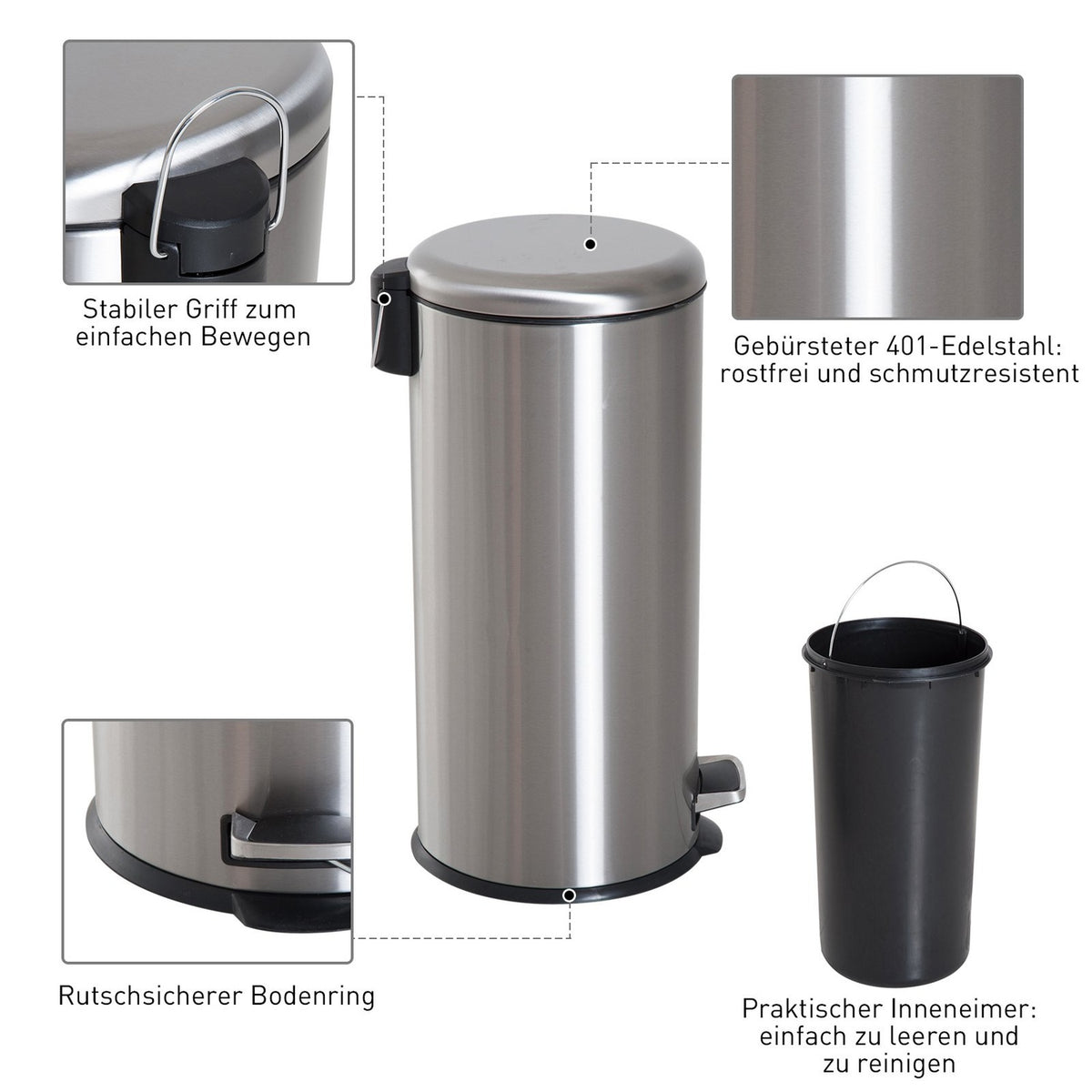 Pedal Bin 30L Pedal Bin With Inner Bin And Hinged Lid, Stainless Steel, Hygienic, Silver