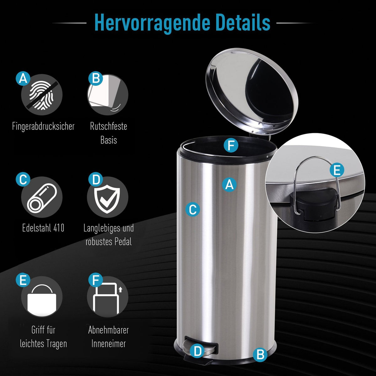 Pedal Bin 30L Waste Bin With Inner Bin, Soft Closing, Stainless Steel, Silver, Ø29.2Xh62.5 Cm