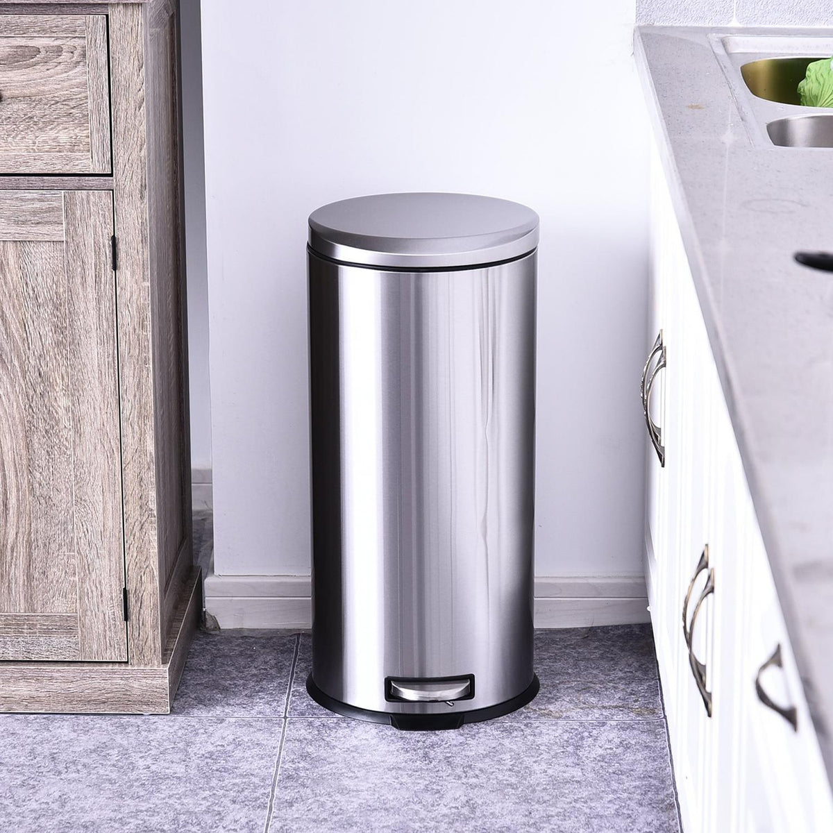 Pedal Bin 30L Waste Bin With Inner Bin, Soft Closing, Stainless Steel, Silver, Ø29.2Xh62.5 Cm