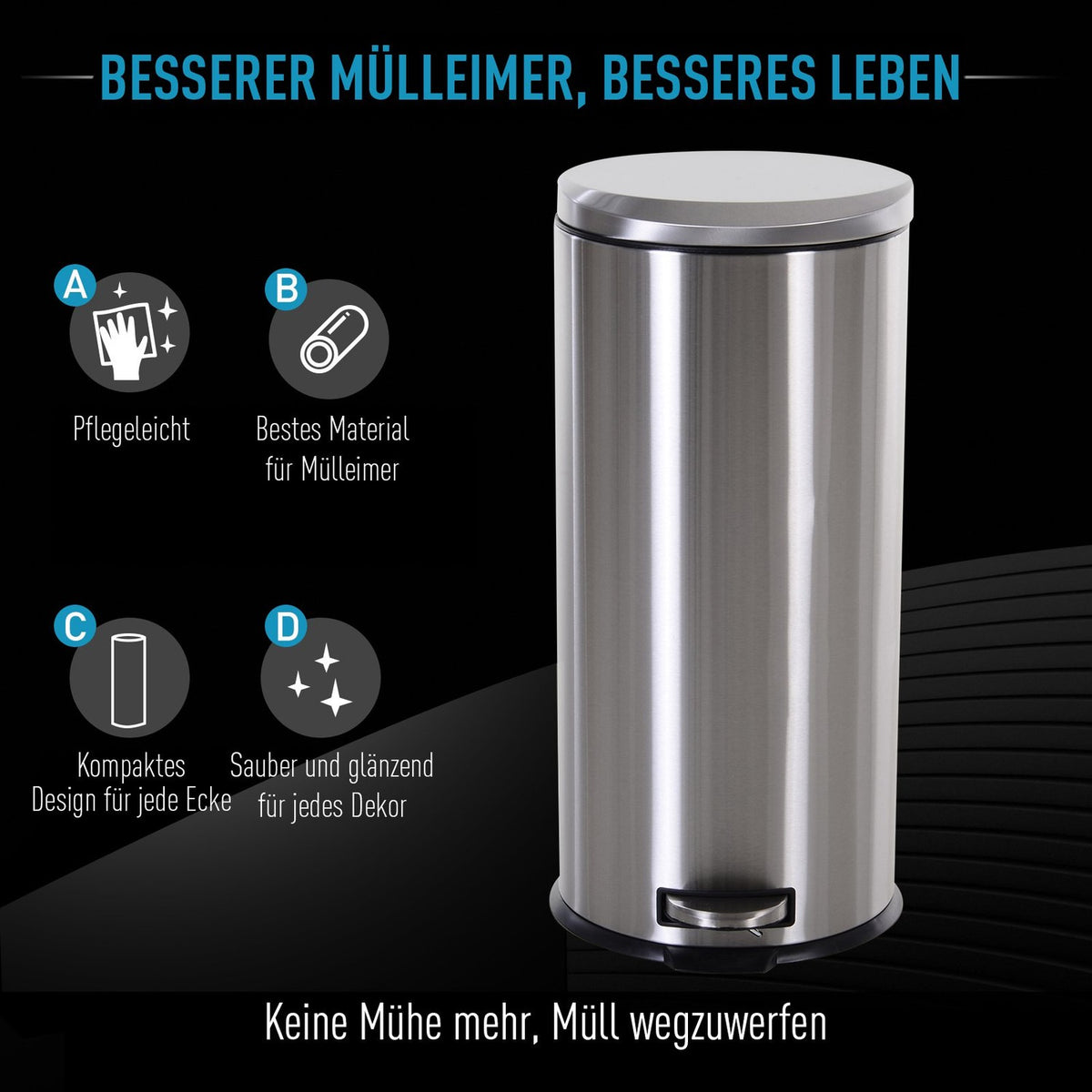Pedal Bin 30L Waste Bin With Inner Bin, Soft Closing, Stainless Steel, Silver, Ø29.2Xh62.5 Cm