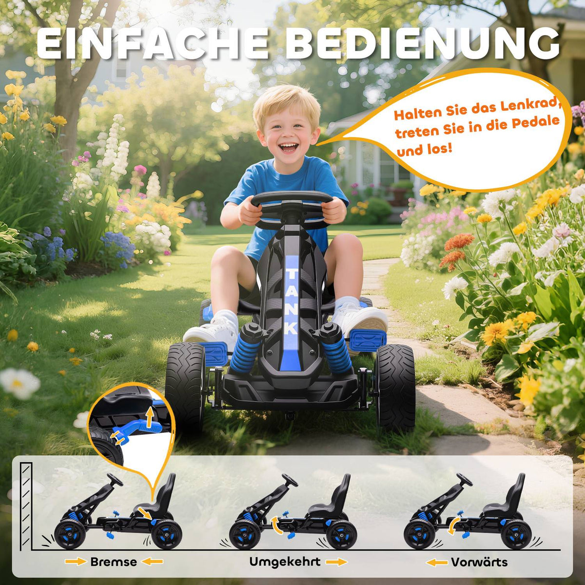 Pedal Go-Kart for Kids, Brake, Non-Slip Wheels, 3-6 Years