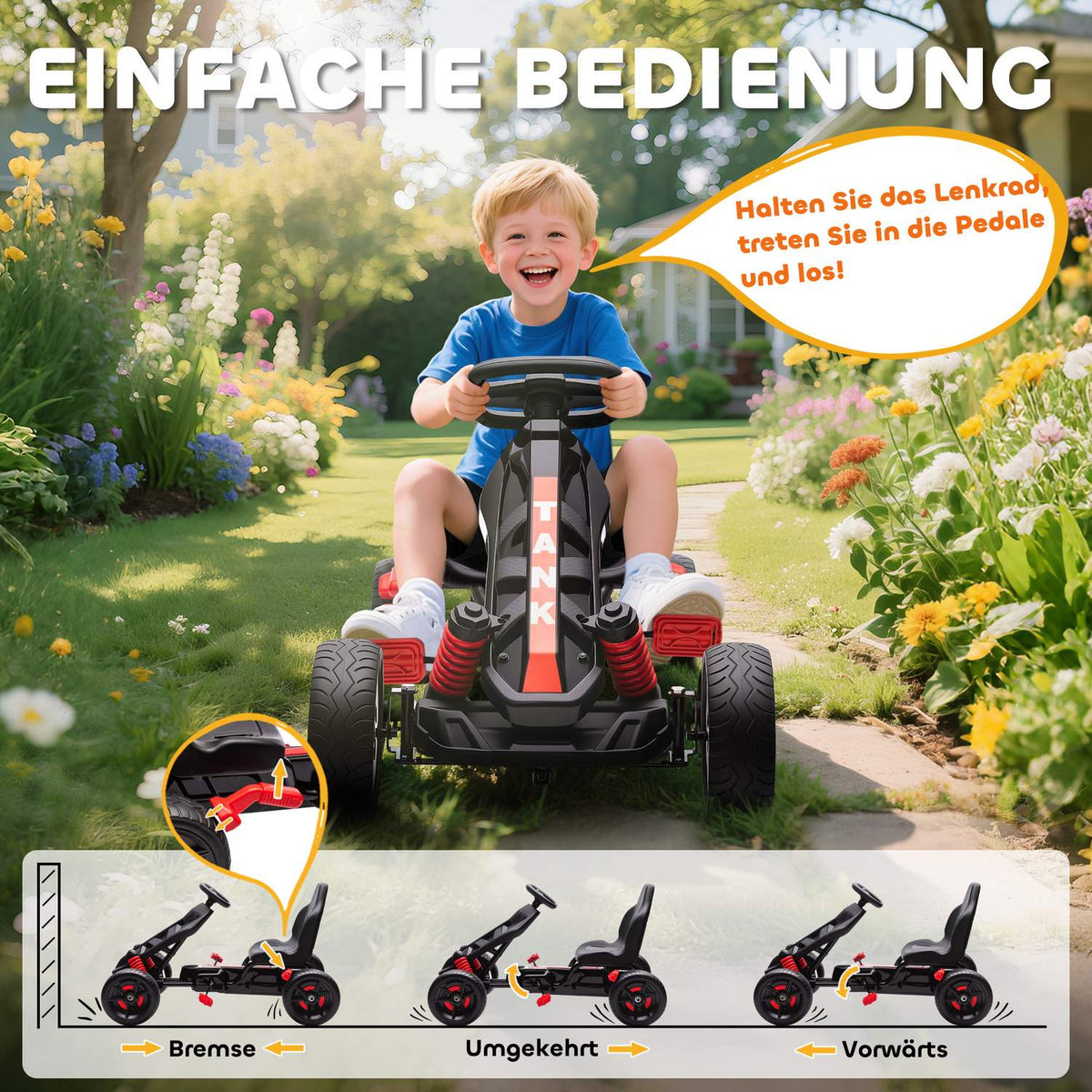Pedal Go-Kart for Kids, Brake, Non-Slip Wheels, Ages 3-6
