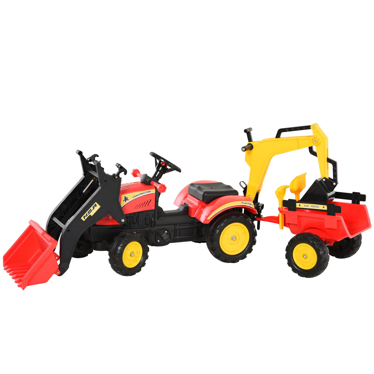 Pedal Tractor With Trailer, Pedal Excavator, Tractor With Front Loader, Children'S Pedal Tractors From 3 Years, Excavator, Children, Steel, Plastic, Red, 179 X 42 X 59 Cm