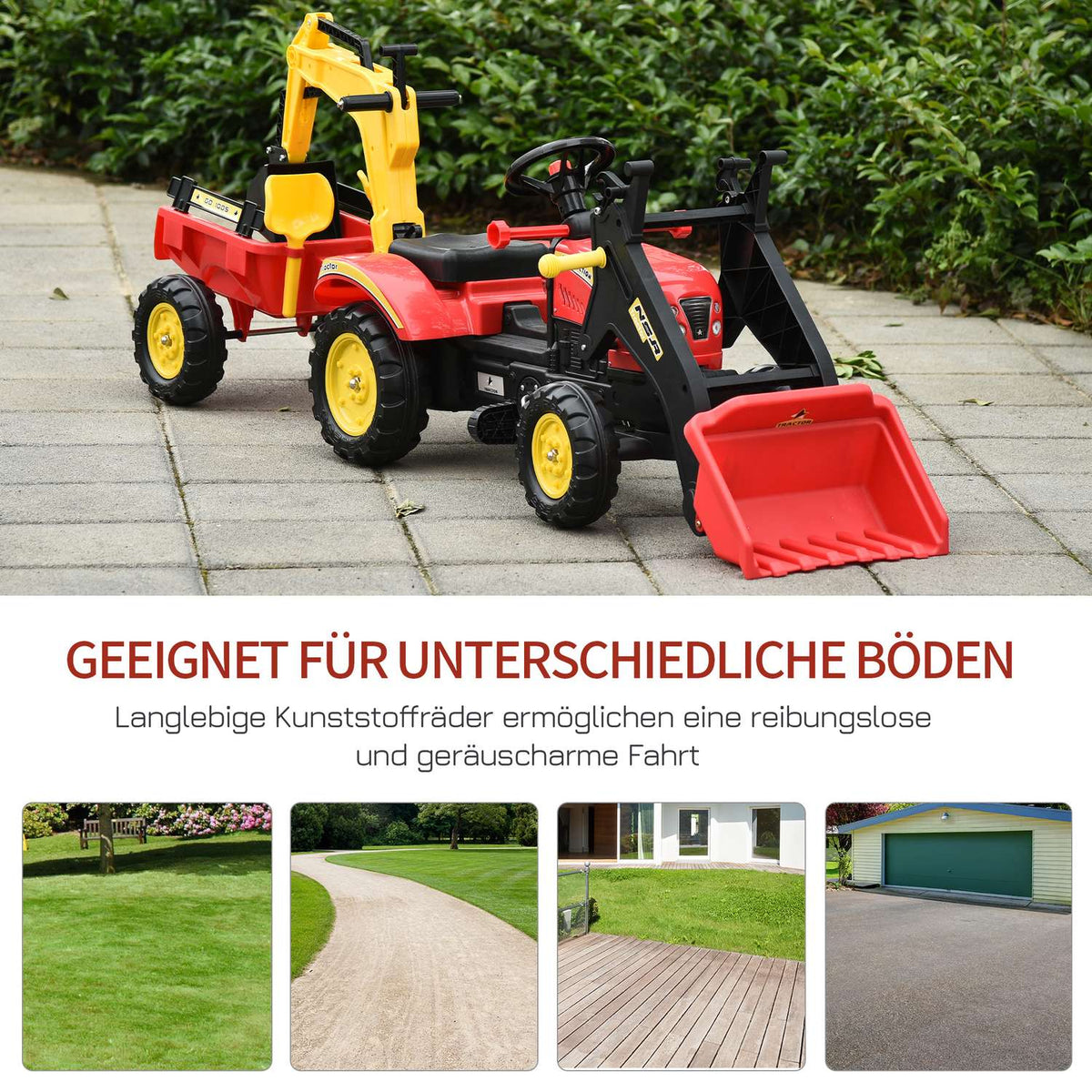 Pedal Tractor With Trailer, Pedal Excavator, Tractor With Front Loader, Children'S Pedal Tractors From 3 Years, Excavator, Children, Steel, Plastic, Red, 179 X 42 X 59 Cm