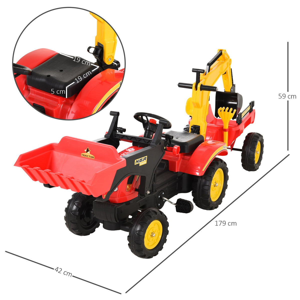 Pedal Tractor With Trailer, Pedal Excavator, Tractor With Front Loader, Children'S Pedal Tractors From 3 Years, Excavator, Children, Steel, Plastic, Red, 179 X 42 X 59 Cm