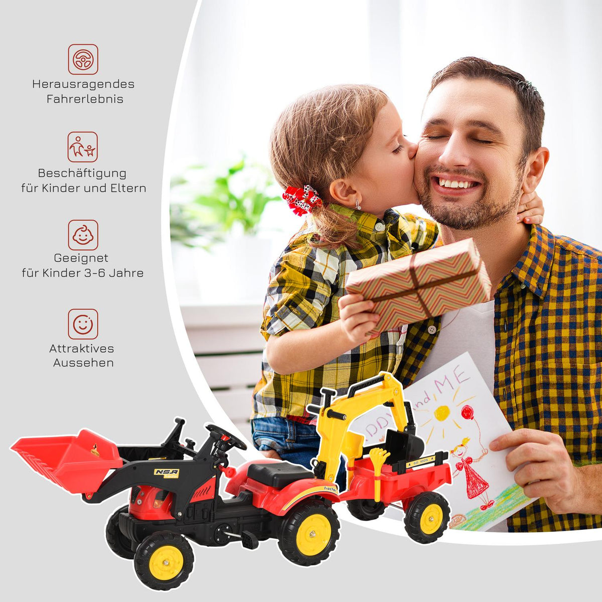 Pedal Tractor With Trailer, Pedal Excavator, Tractor With Front Loader, Children'S Pedal Tractors From 3 Years, Excavator, Children, Steel, Plastic, Red, 179 X 42 X 59 Cm