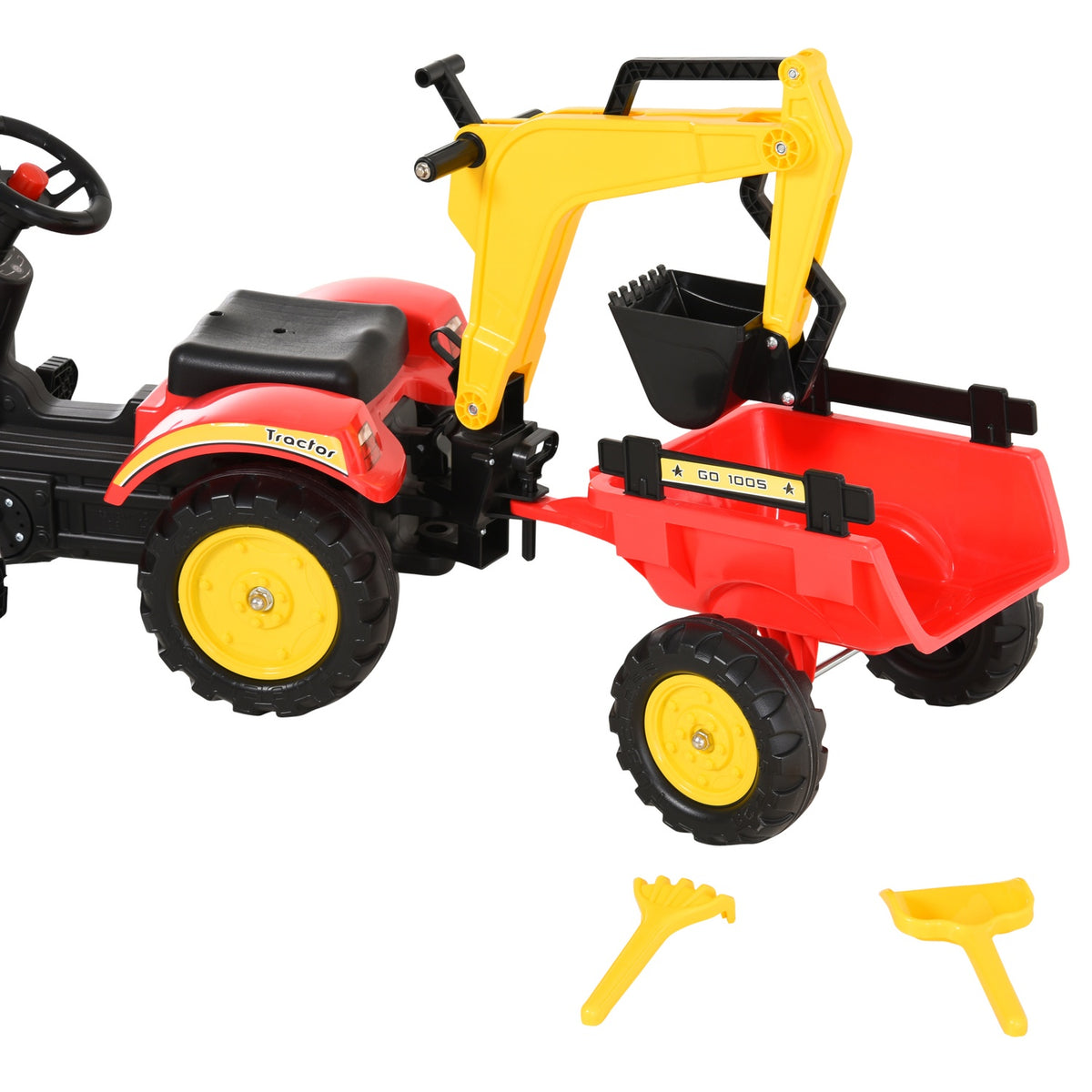 Pedal Tractor With Trailer, Pedal Excavator, Tractor With Front Loader, Children'S Pedal Tractors From 3 Years, Excavator, Children, Steel, Plastic, Red, 179 X 42 X 59 Cm