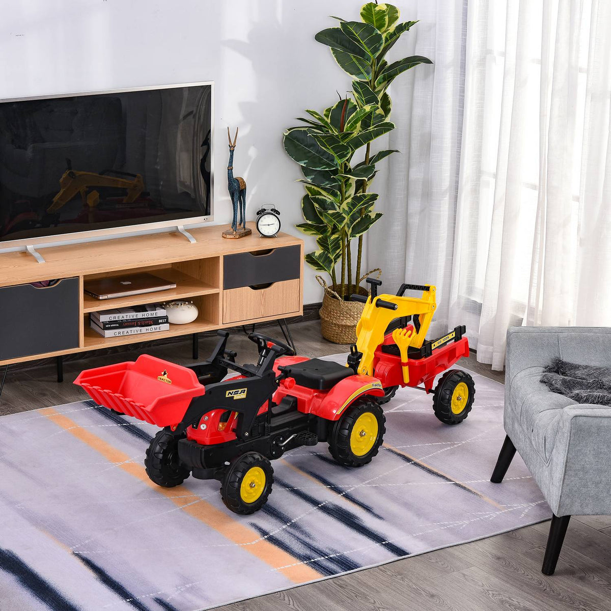 Pedal Tractor With Trailer, Pedal Excavator, Tractor With Front Loader, Children'S Pedal Tractors From 3 Years, Excavator, Children, Steel, Plastic, Red, 179 X 42 X 59 Cm