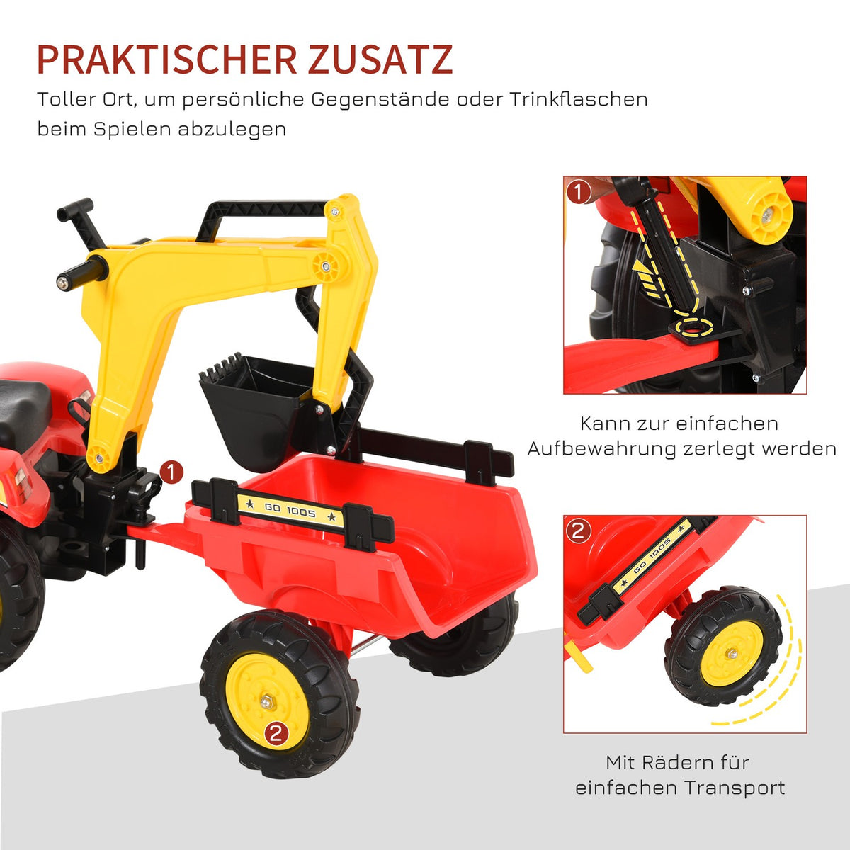 Pedal Tractor With Trailer, Pedal Excavator, Tractor With Front Loader, Children'S Pedal Tractors From 3 Years, Excavator, Children, Steel, Plastic, Red, 179 X 42 X 59 Cm