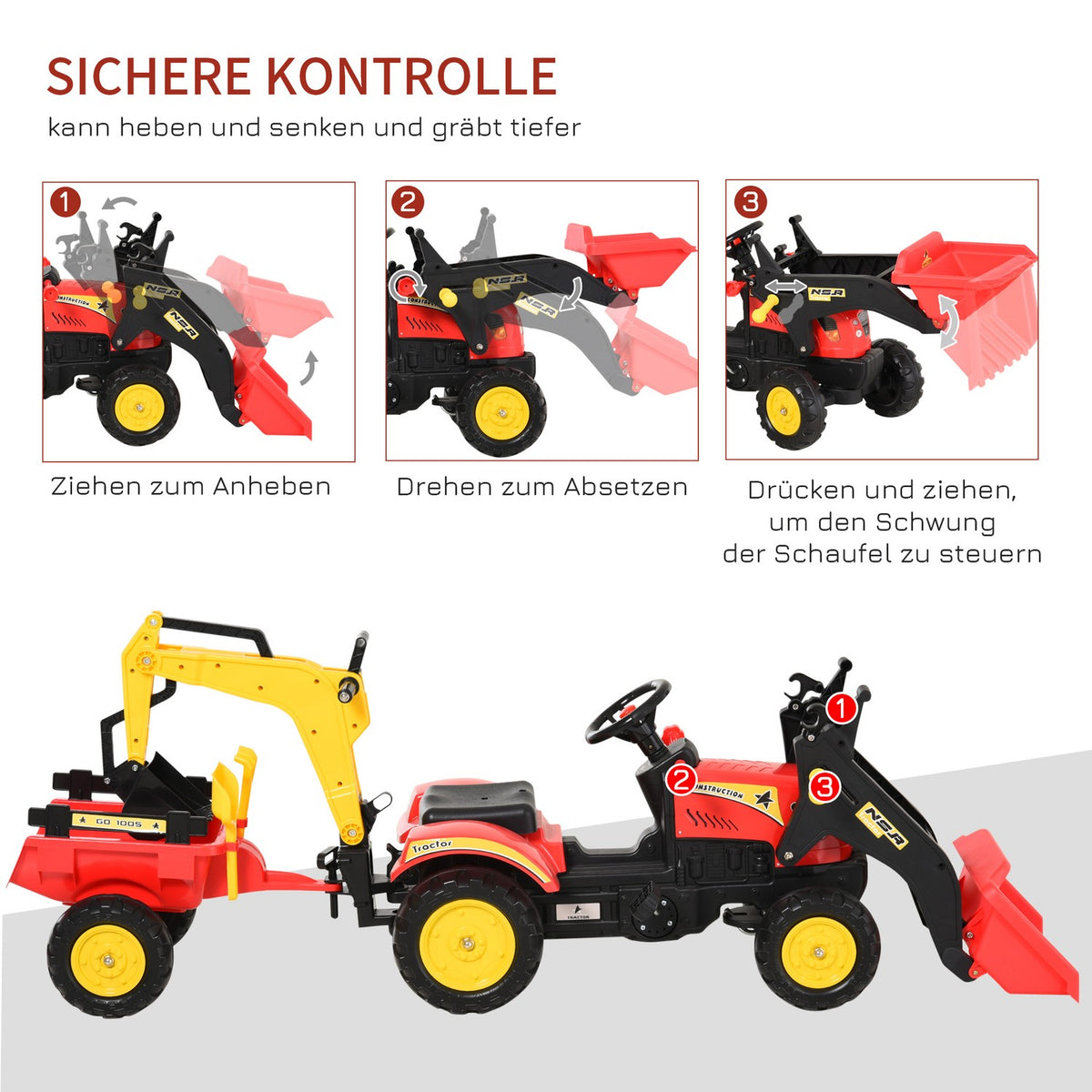 Pedal Tractor With Trailer, Pedal Excavator, Tractor With Front Loader, Children'S Pedal Tractors From 3 Years, Excavator, Children, Steel, Plastic, Red, 179 X 42 X 59 Cm