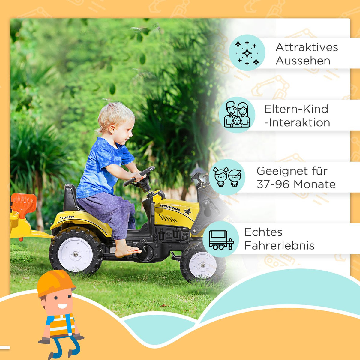 Pedal Tractor With Trailer, Pedal Vehicle With Shovel, Children'S Vehicle Tractor For Children Aged 3 And Over, Yellow