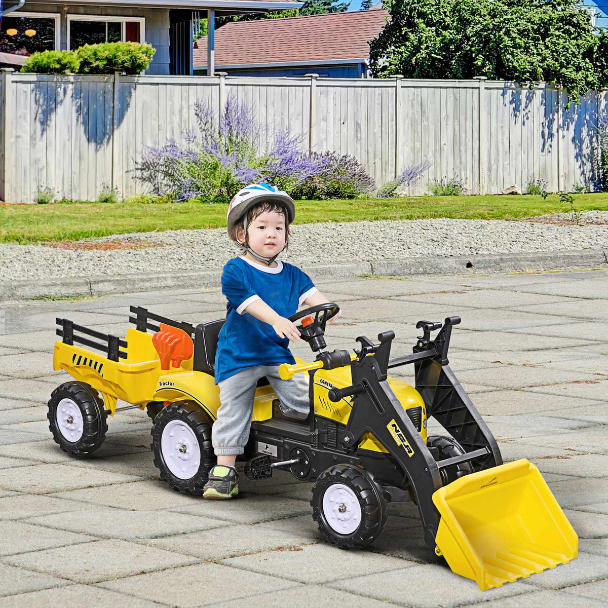 Pedal Tractor With Trailer, Pedal Vehicle With Shovel, Children'S Vehicle Tractor For Children Aged 3 And Over, Yellow