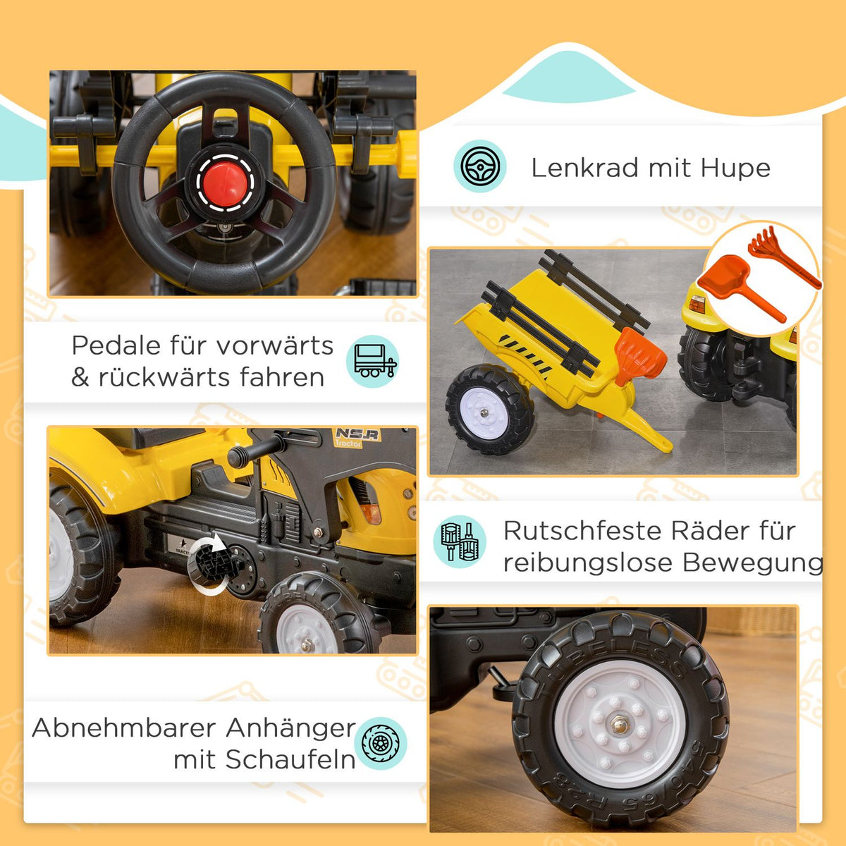 Pedal Tractor With Trailer, Pedal Vehicle With Shovel, Children'S Vehicle Tractor For Children Aged 3 And Over, Yellow