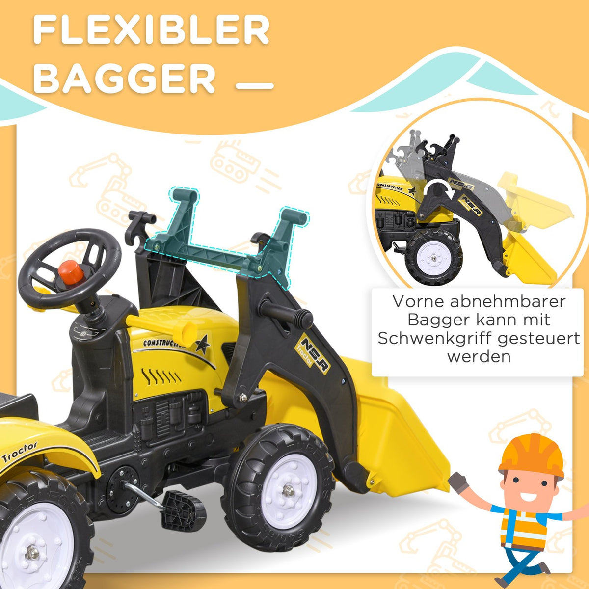 Pedal Tractor With Trailer, Pedal Vehicle With Shovel, Children'S Vehicle Tractor For Children Aged 3 And Over, Yellow