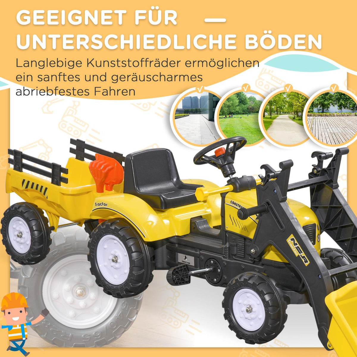 Pedal Tractor With Trailer, Pedal Vehicle With Shovel, Children'S Vehicle Tractor For Children Aged 3 And Over, Yellow