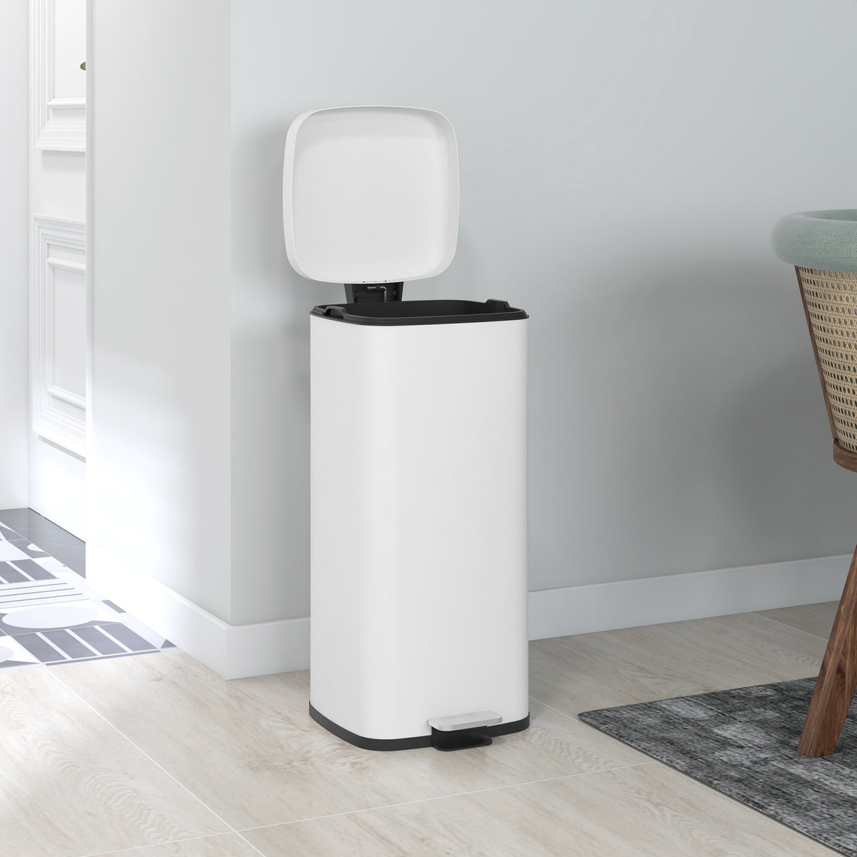 Pedal bin 30L cosmetic bin with lid and foot pedal, metal waste bin with inner bin for living room and office, 28 x 35 x 63.5 cm