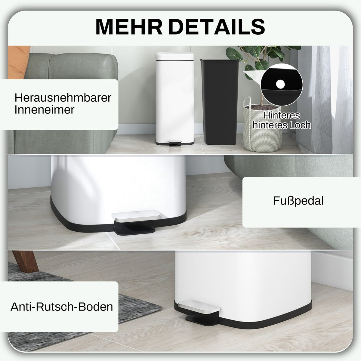 Pedal bin 30L cosmetic bin with lid and foot pedal, metal waste bin with inner bin for living room and office, 28 x 35 x 63.5 cm
