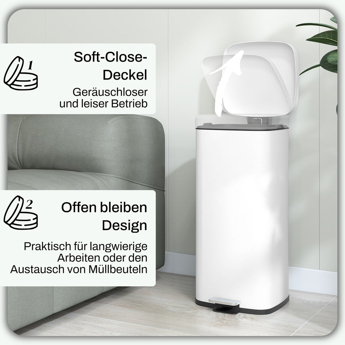 Pedal bin 30L cosmetic bin with lid and foot pedal, metal waste bin with inner bin for living room and office, 28 x 35 x 63.5 cm