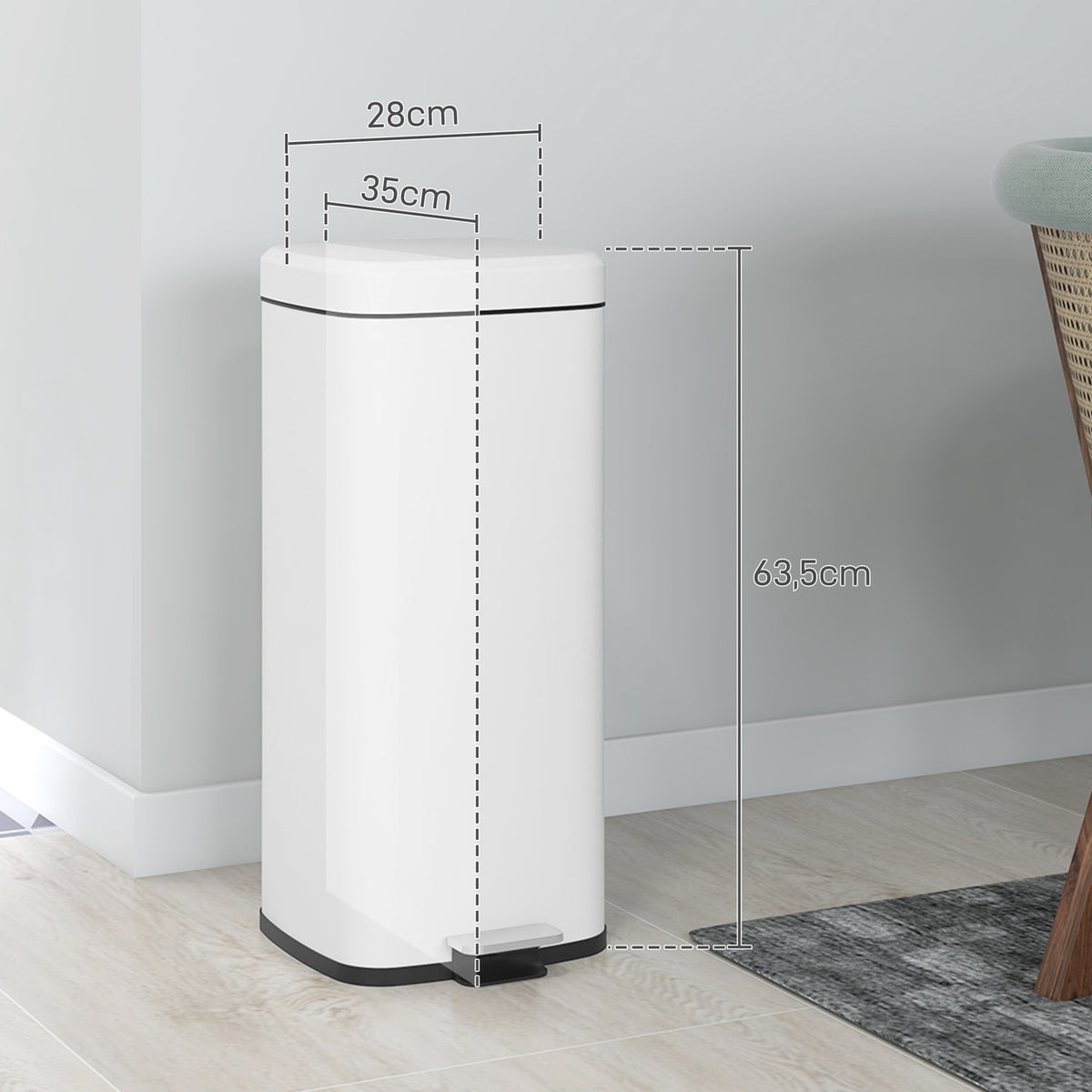 Pedal bin 30L cosmetic bin with lid and foot pedal, metal waste bin with inner bin for living room and office, 28 x 35 x 63.5 cm
