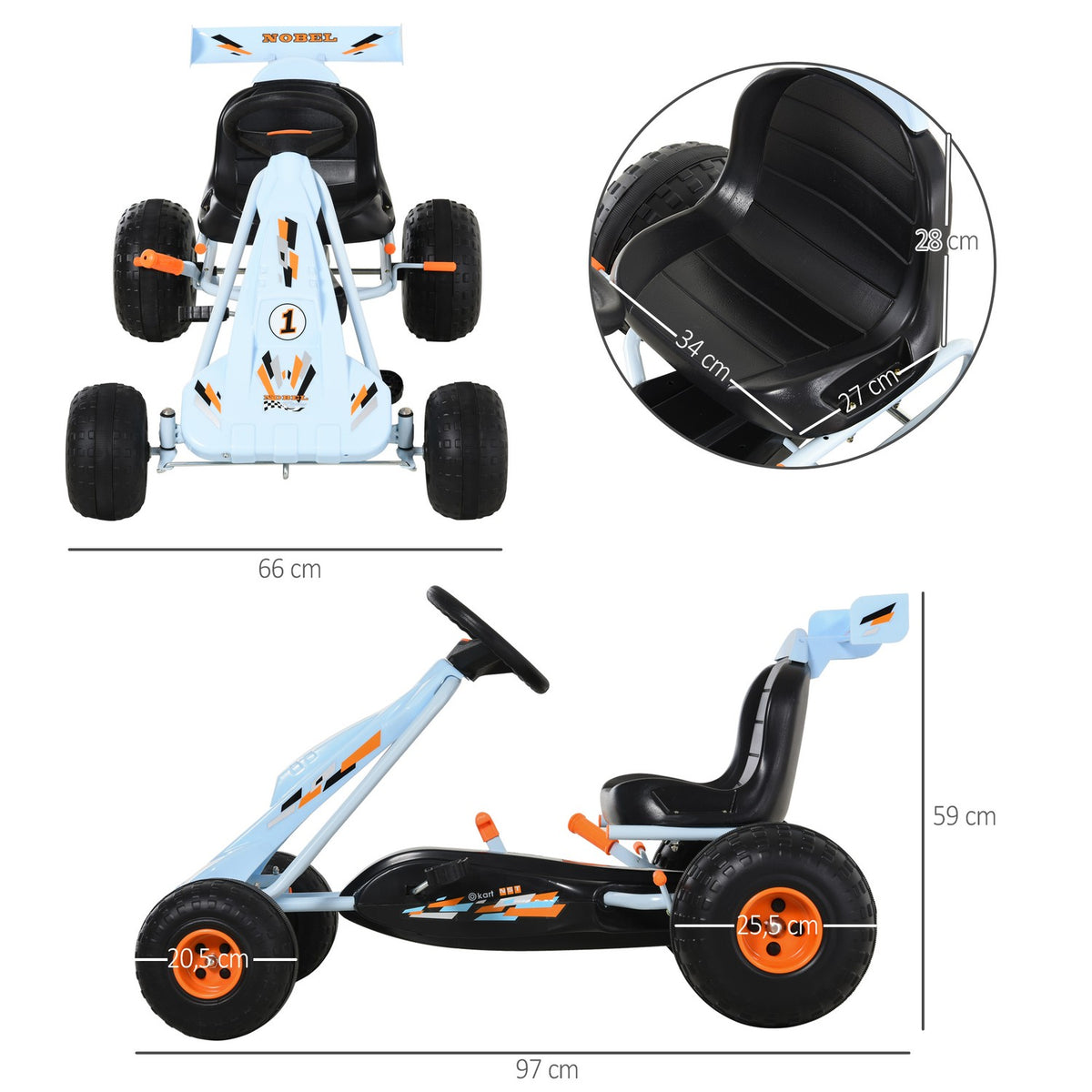 Pedal go-kart pedal vehicle from 3 years with adjustable seat, steel, light blue, 97x66x59cm